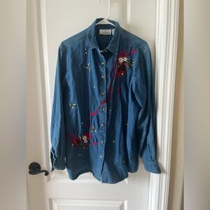 Vintage Casey & Max Cotton Denim Women’s Lg Christmas Embroidered Button-Down
